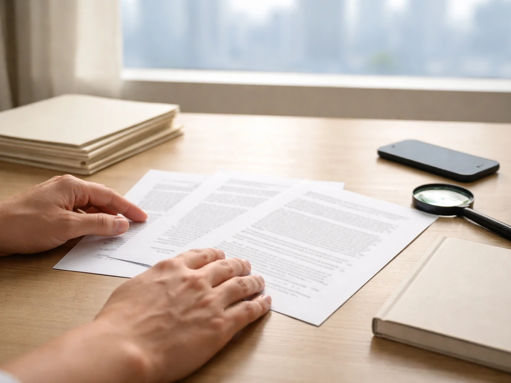 Hands arranging blank document printouts, folders, and a magnifying glass on a quiet desk by a window.