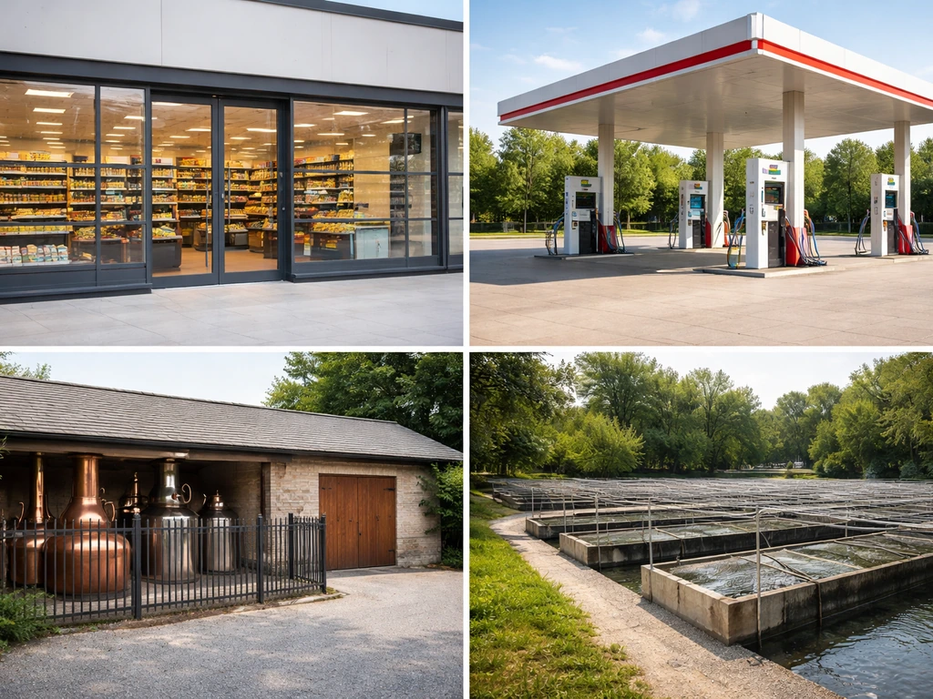 Side-by-side images of a supermarket storefront, gas station pumps, a distillery exterior, and caviar farm tanks.
