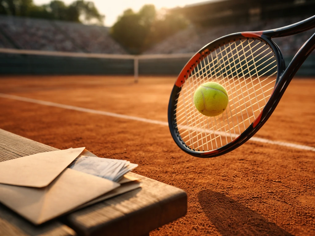 Close action shot of a tennis racket hitting a ball, with an out-of-focus envelope on a bench nearby.