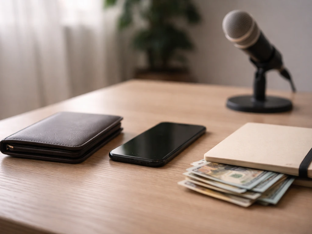 Minimal desk scene with wallet, cash, and a microphone suggesting financial estimates without any text