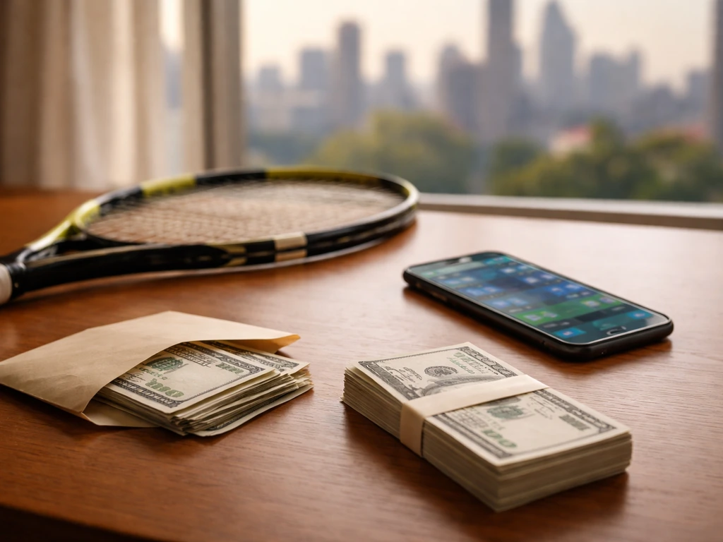 Tennis racket and cash on a desk with a blurred phone and city skyline background.