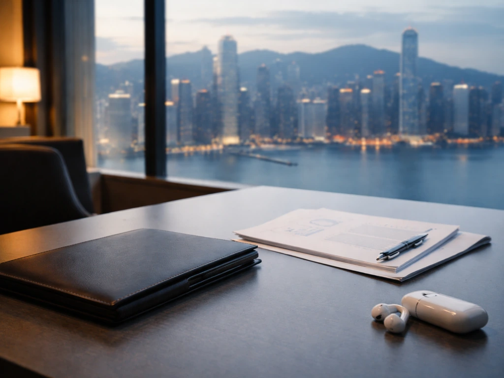 Hong Kong private equity–style office desk with investment documents and a skyline view, no identifiable person.