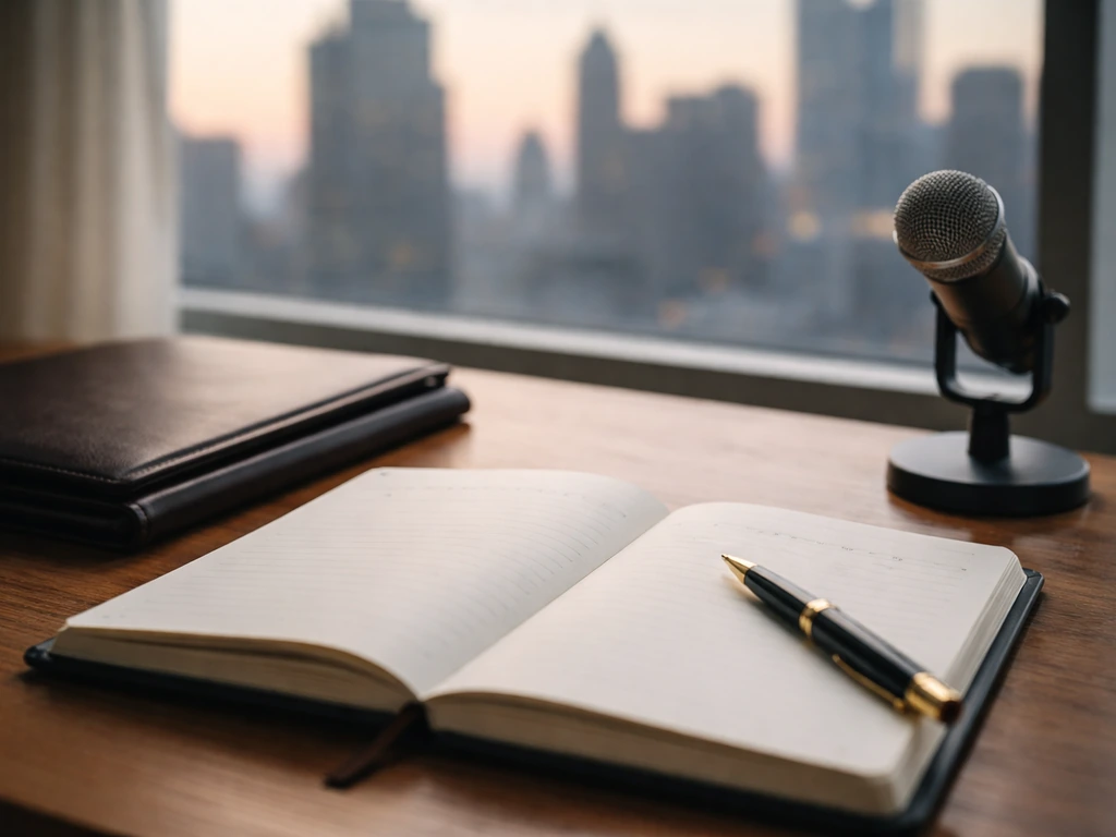 Minimal desk scene with pen and planner beside a small microphone, symbolizing a career timeline and wealth.