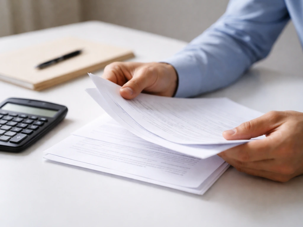 Close-up of hands reviewing private equity fund documents and a calculator on a clean desk