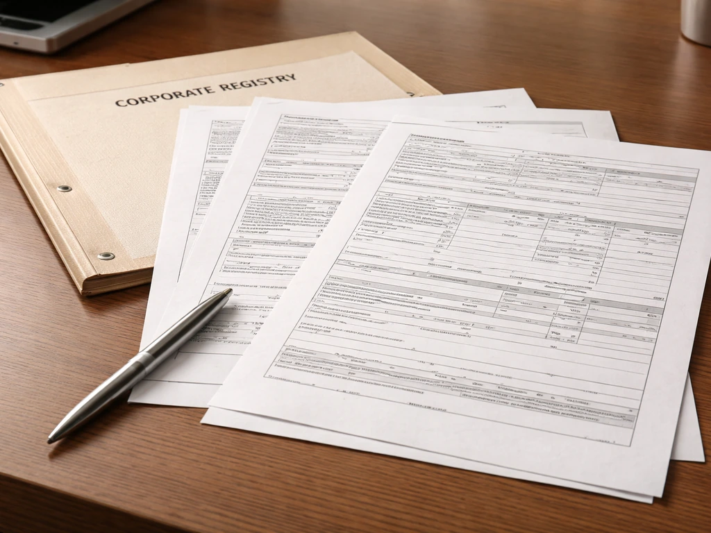 Close-up of corporate filings and share registry-style documents on a desk with a pen and folder.
