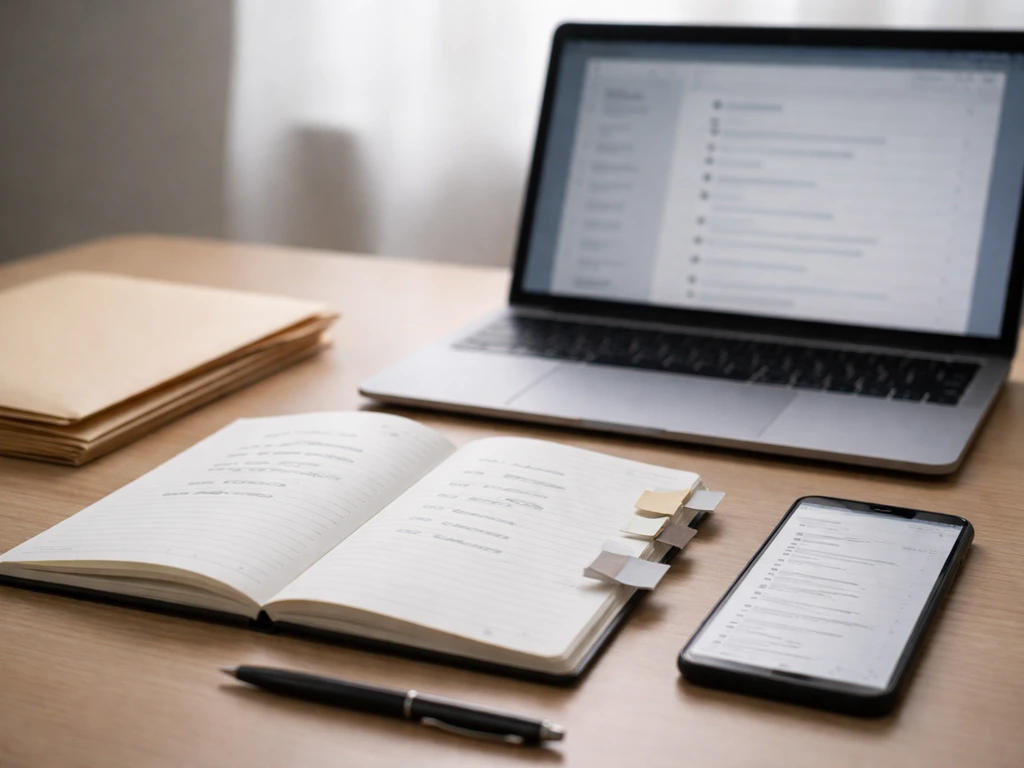 Minimal desk scene with an open notebook, search browser window glow, and a folder labeled only by color.