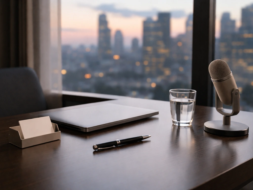Minimal executive desk with laptop and microphone, city view outside window, no person shown