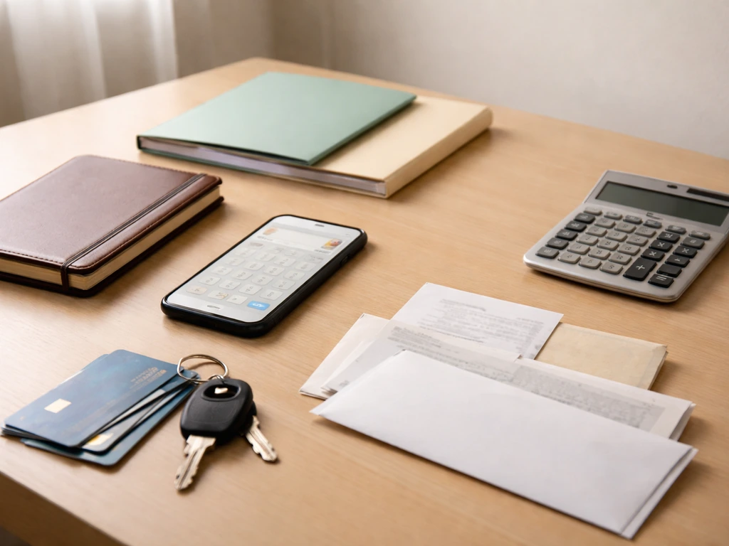 Minimal desk scene with calculator, ledger, envelopes, and blank phone screen suggesting assets minus liabilities.