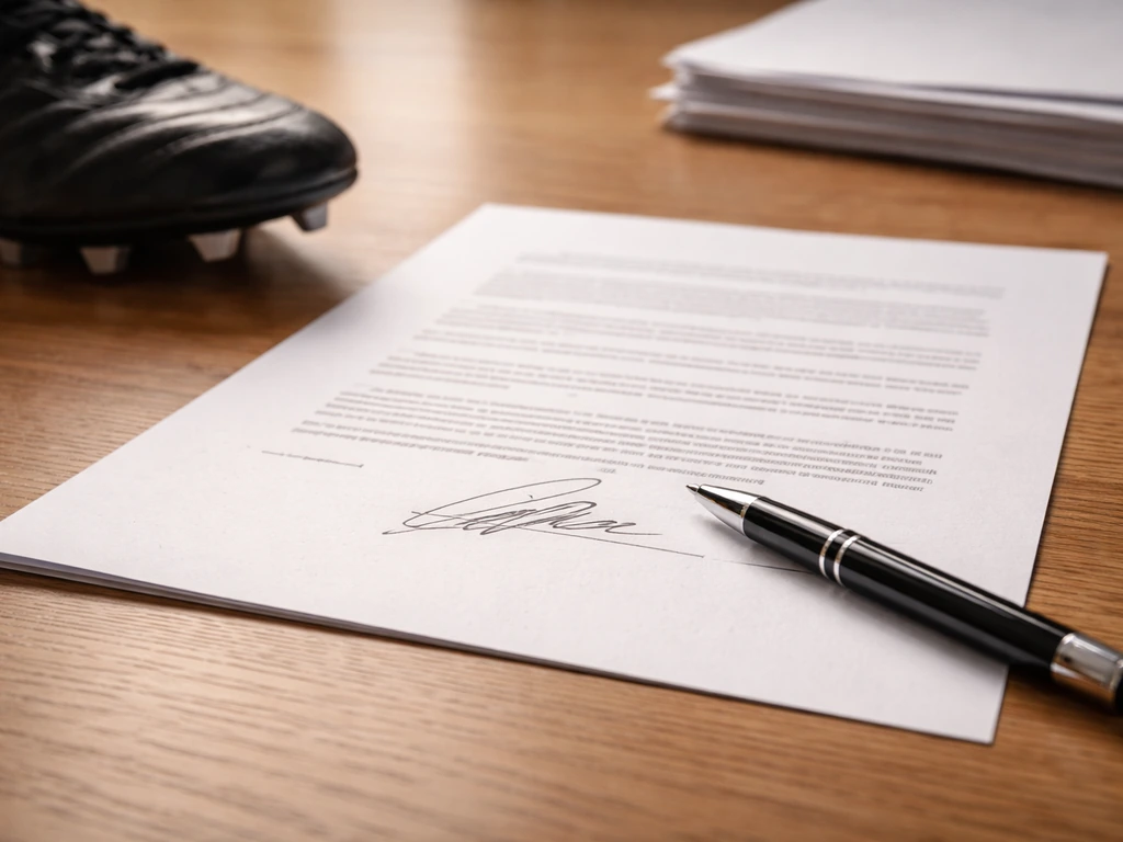 Signed football contract on a desk with a football boot beside it, shot in natural light.