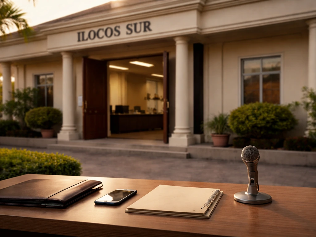 Ilocos Sur government building exterior with symbolic finance and media elements in a quiet, credible setting