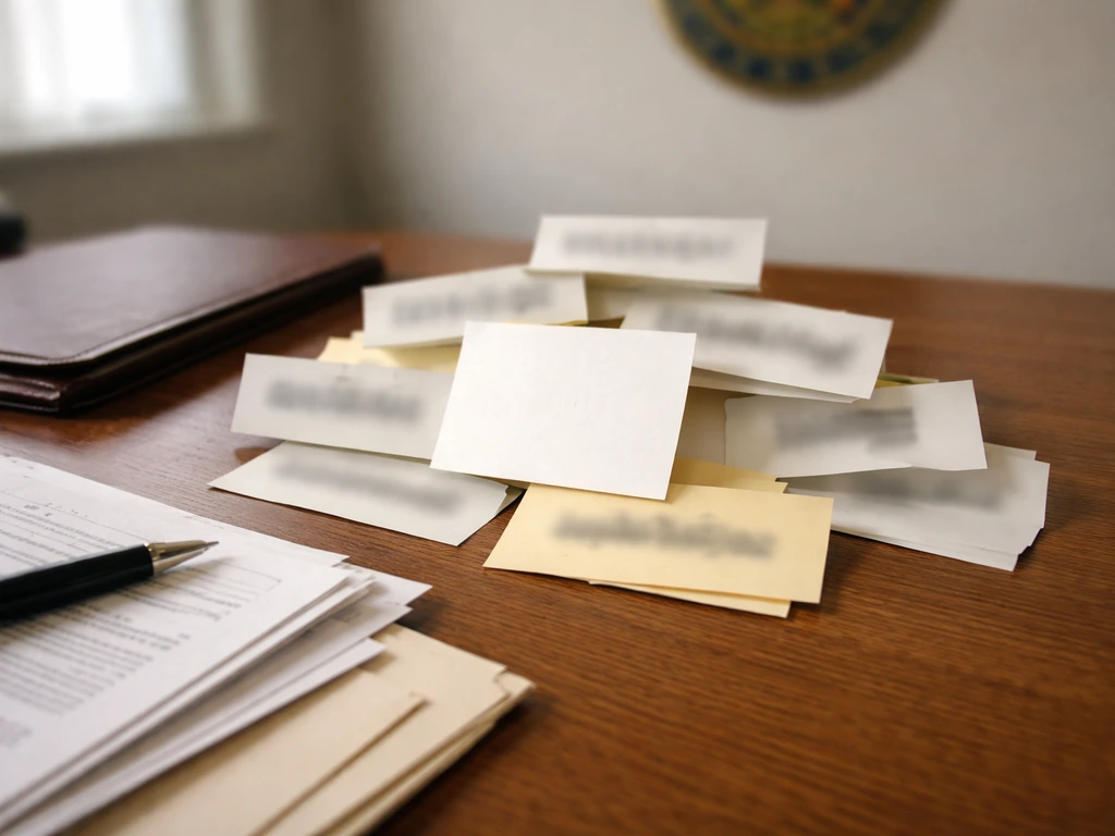 Collage of blurred identity-name spellings over an office desk with documents and a government seal-like backdrop