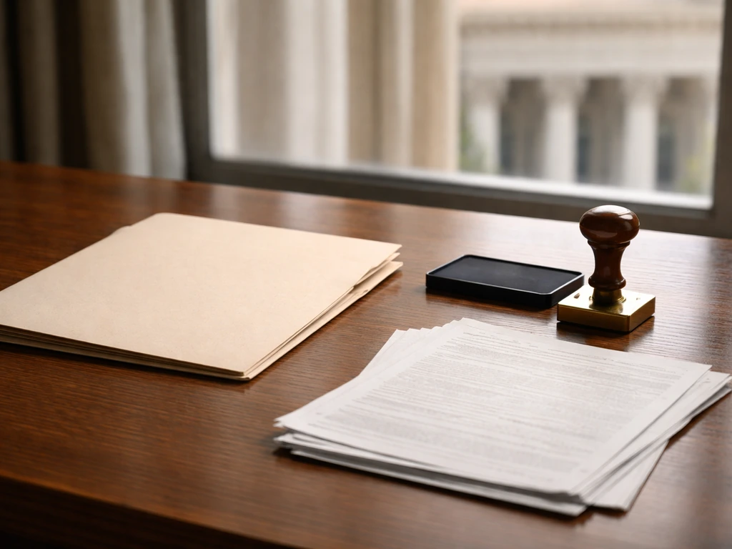 Minimal office desk scene symbolizing government-linked career income streams with a folder and official stamp
