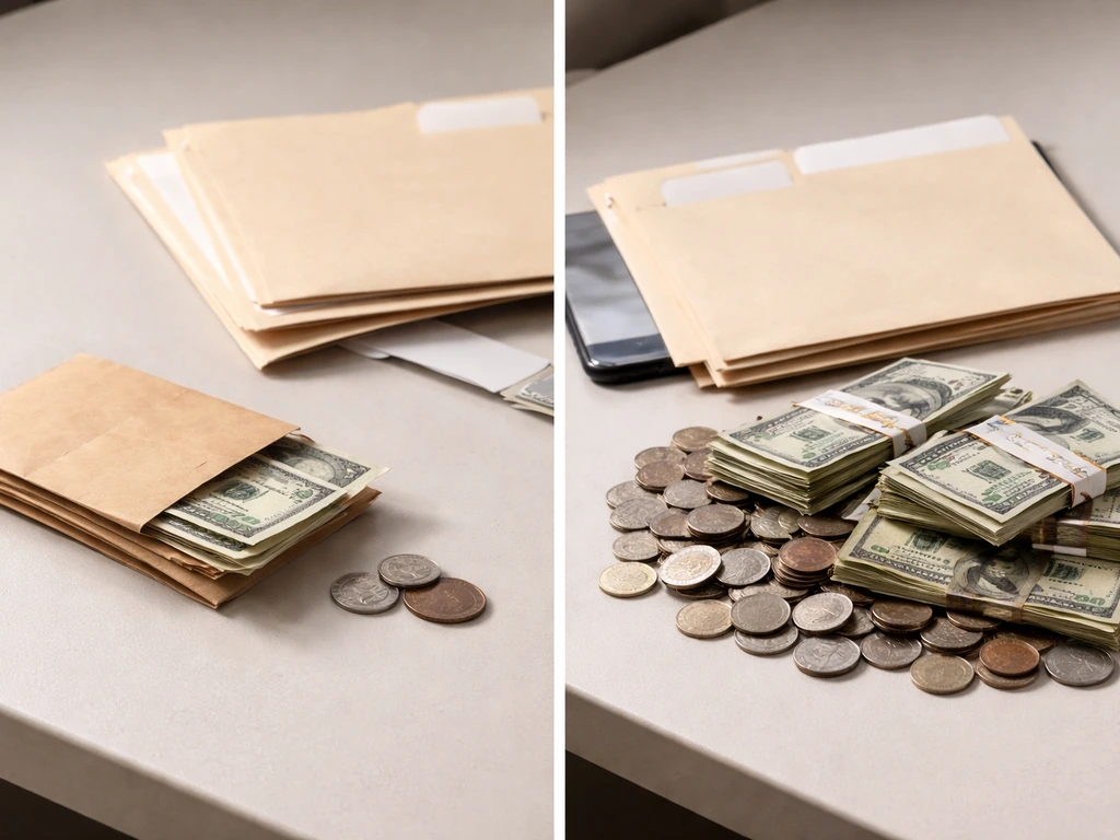 Split scene showing two different money figures concept using scattered documents and coins, suggesting confusion