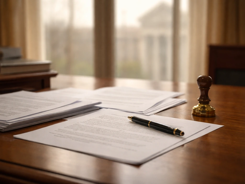 Minimal photo of a Nigerian politician-themed office desk with documents, a pen, and a brass seal, symbolizing public ea