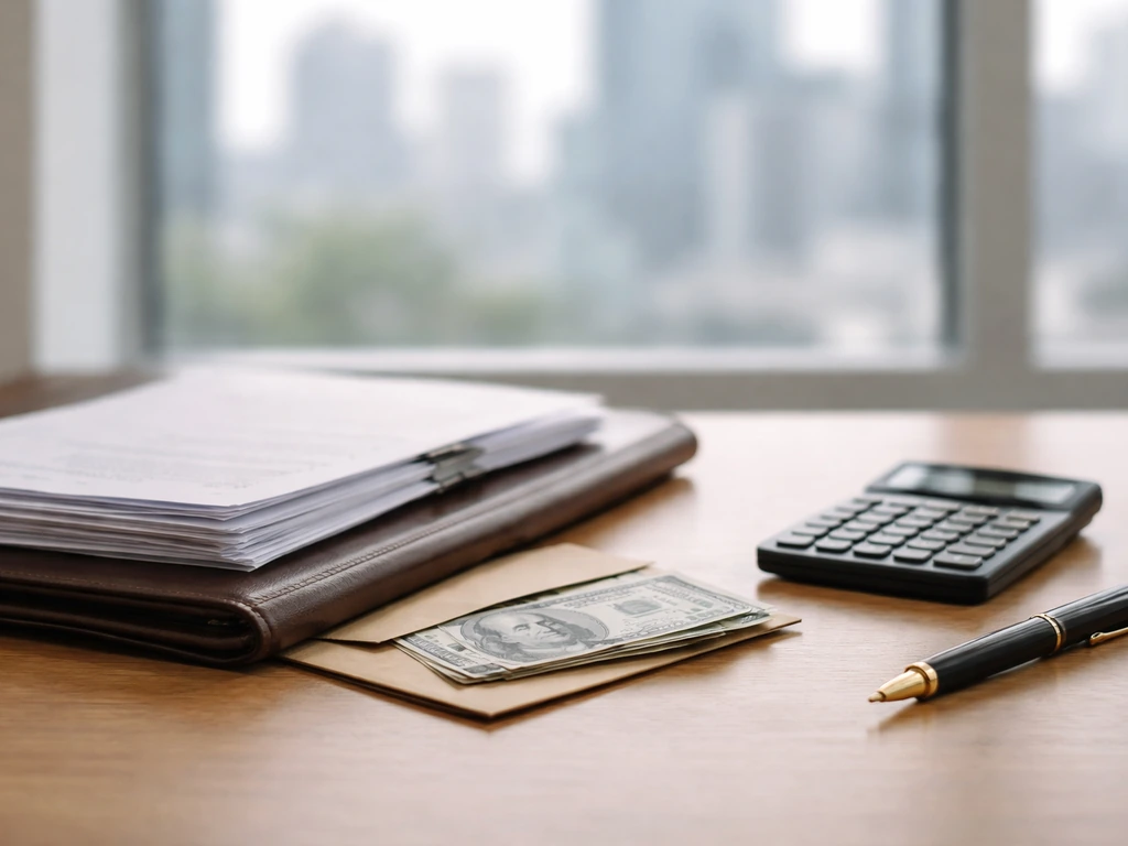 Minimal photo of a tidy desk with cash, documents, and a calculator suggesting a net worth estimate
