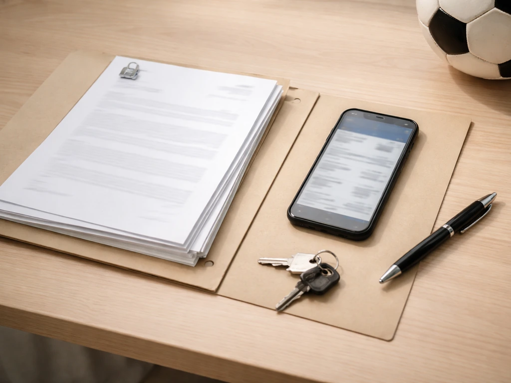 Desk with official-looking football documents and a blurred phone screen showing earnings evidence sources.