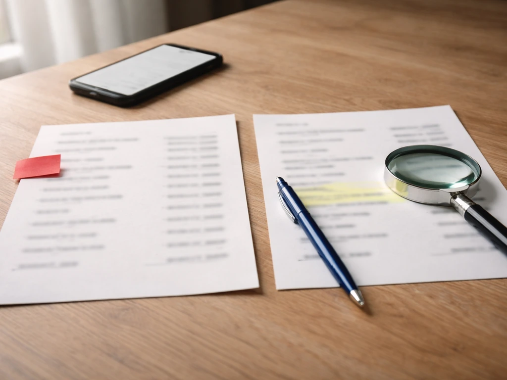 Minimal desk photo with two documents and a magnifying glass, using red warning and source cues.