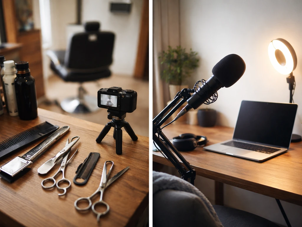 Two minimal work setups side by side: barber tools and a creator mic setup for identity confusion.
