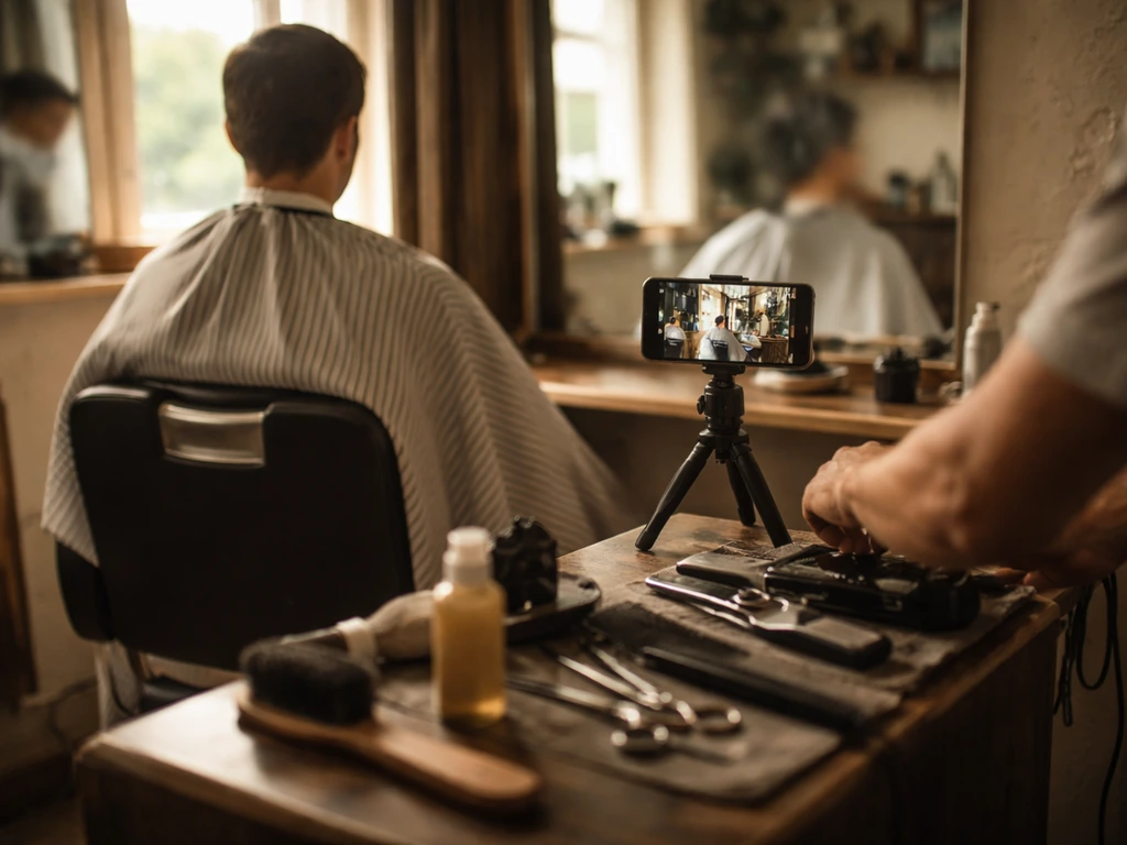 Small barber shop chair with a smartphone recording setup during an anonymous haircut session.
