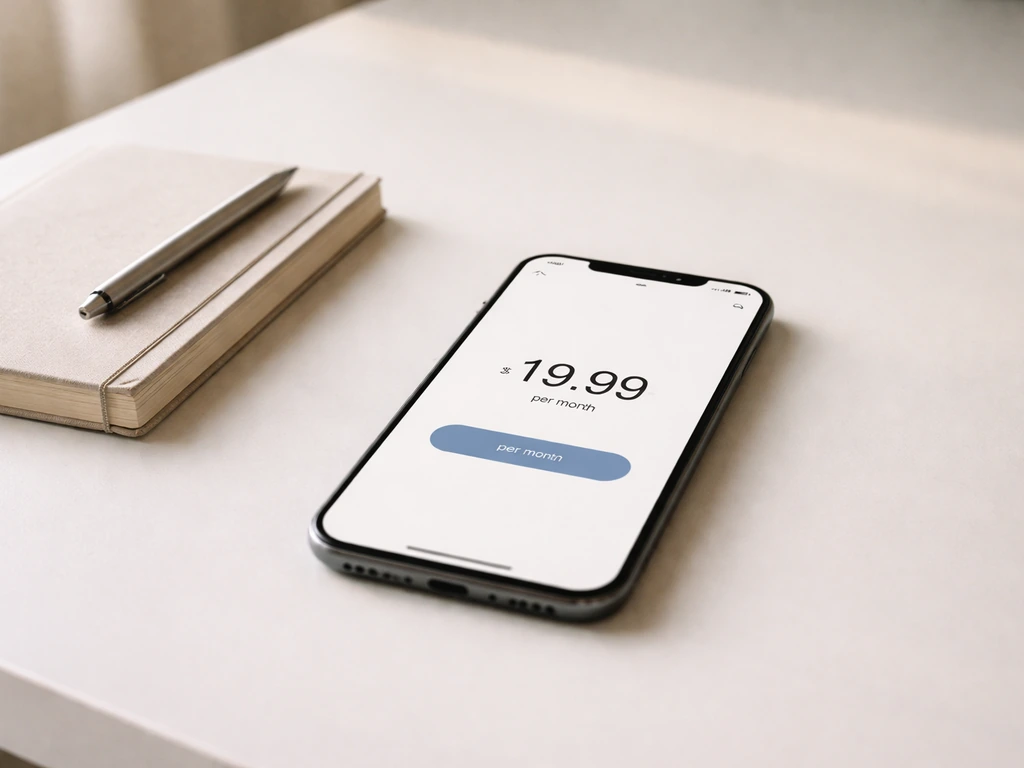 Minimal desk photo with a smartphone showing a generic monthly subscription price.