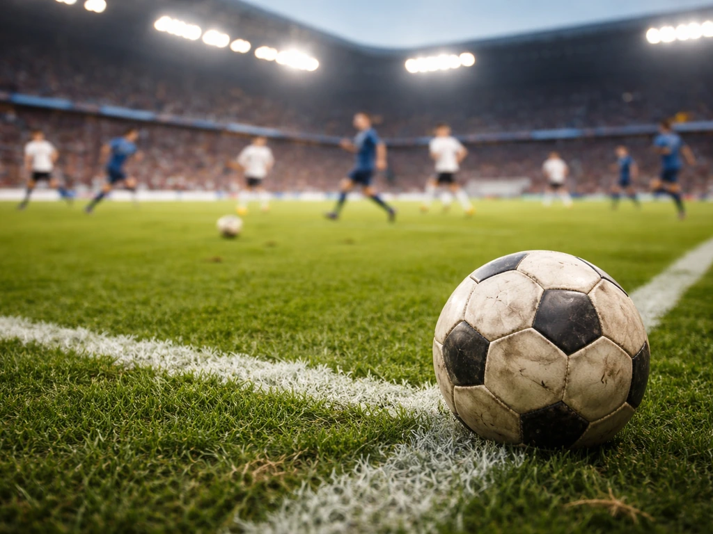 Soccer ball near the touchline with blurred match action in an MLS-style stadium at dusk.