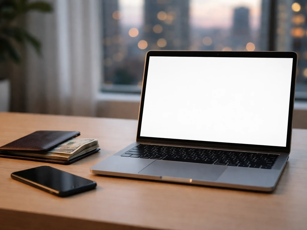 Minimal desk scene with laptop and wallet holding cash, suggesting financial research for a net-worth estimate.