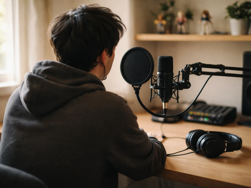Anonymous voice actor in a home studio speaking into a microphone with audio gear nearby.