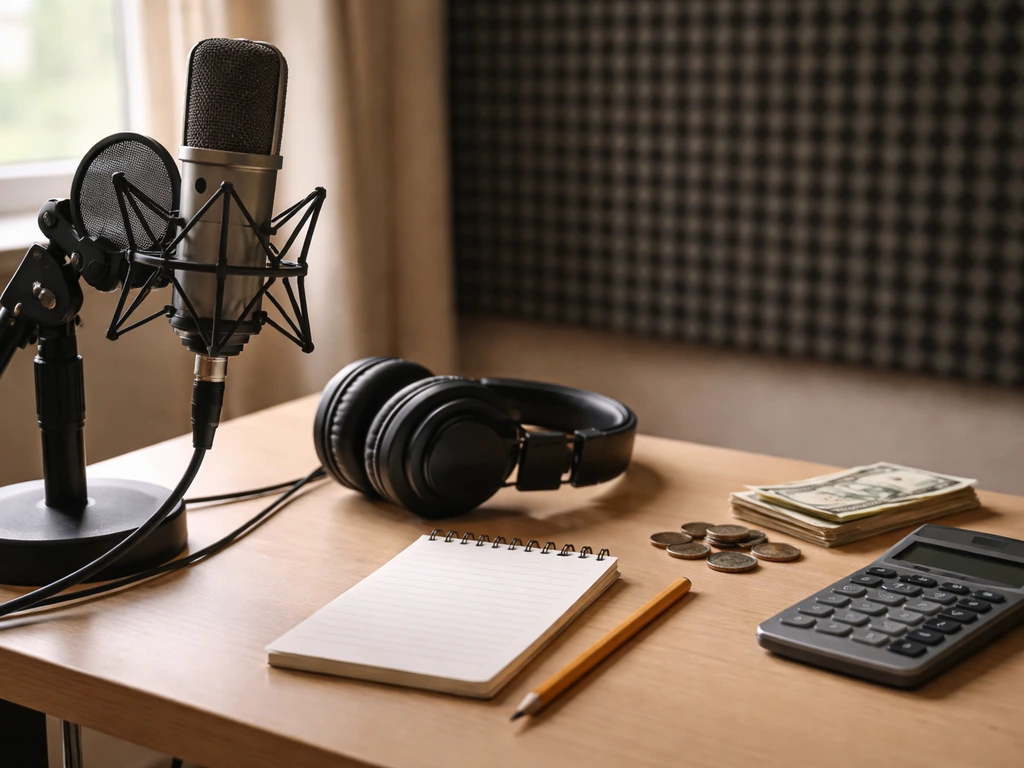 Photo of a voice studio desk with scattered notes, headset, and a calculator beside cash and coins.