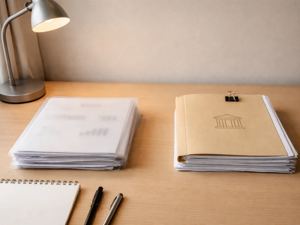Minimal desk scene with blurred ledger papers and a courthouse-style folder suggesting unclear assets vs clearer liabili