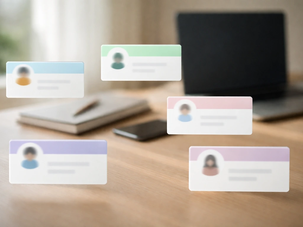 Minimal desk scene with blurred floating profile-like tiles symbolizing multiple Victor Qin identities.