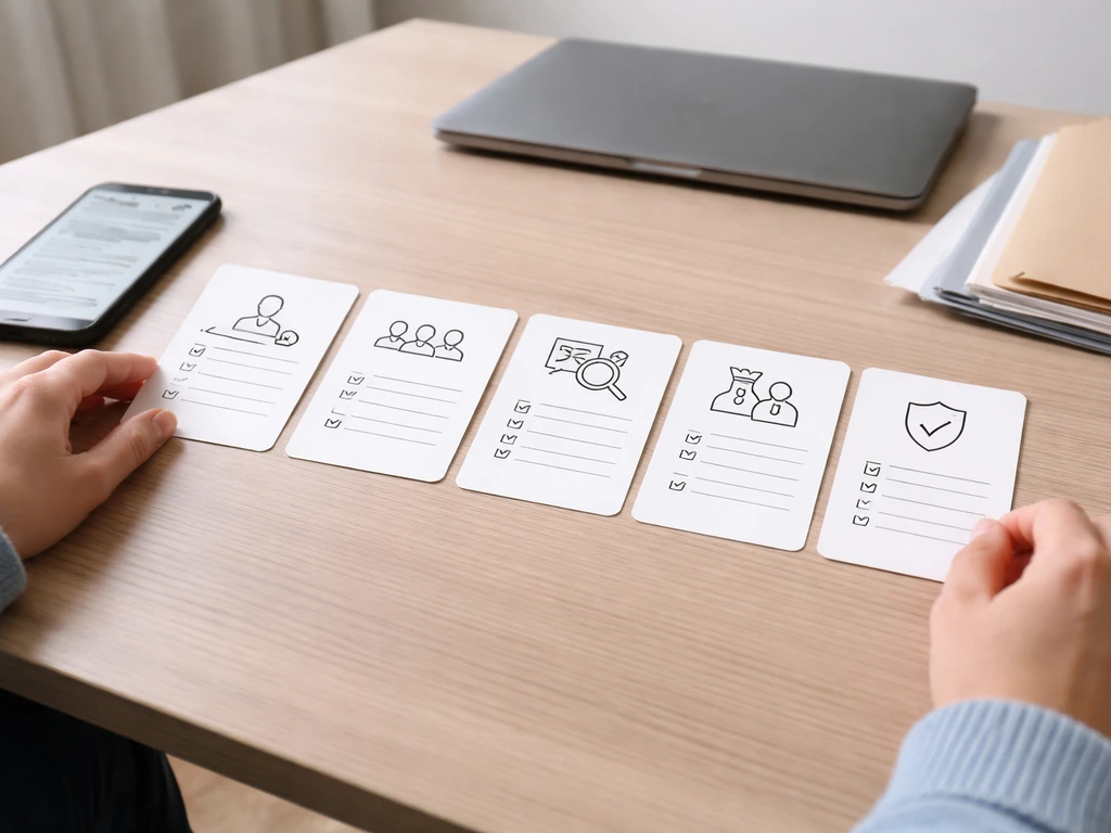 Hands arranging blank checklist cards on a desk with a phone and documents nearby.