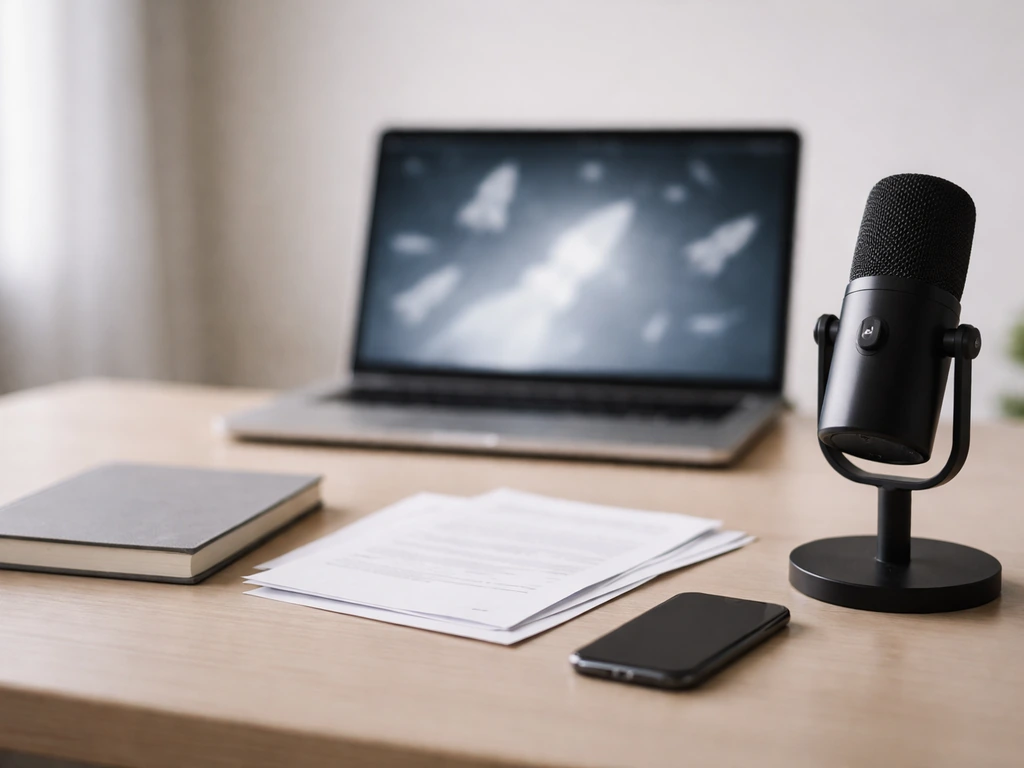 Minimal desk scene with scattered documents and a blurred laptop showing financial research visuals