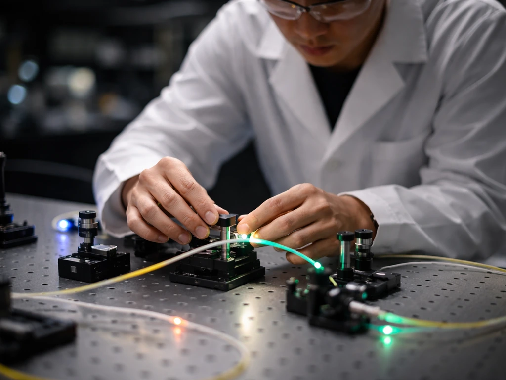 Photonic engineering workspace with blurred microscope lights, signaling a company funding milestone