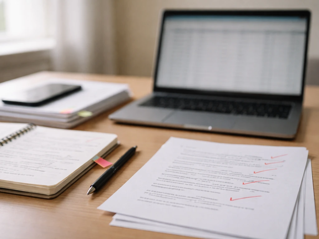 Minimal desk scene with laptop and papers showing a blurred audit trail for tracking and revising an estimate over time