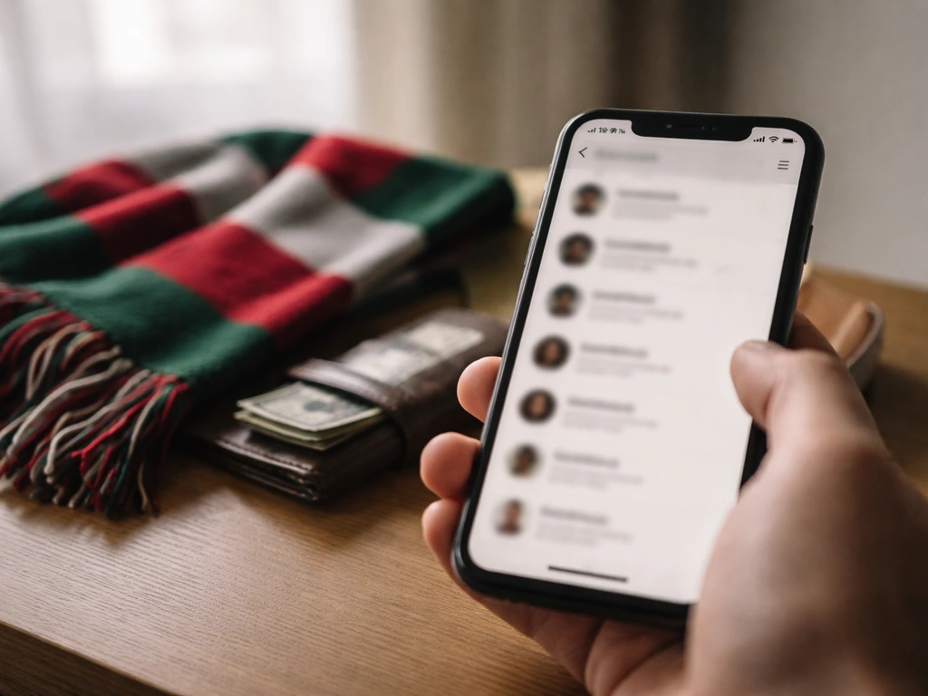 Close-up of a smartphone showing search results blur, over a football scarf and cash-like wallet items