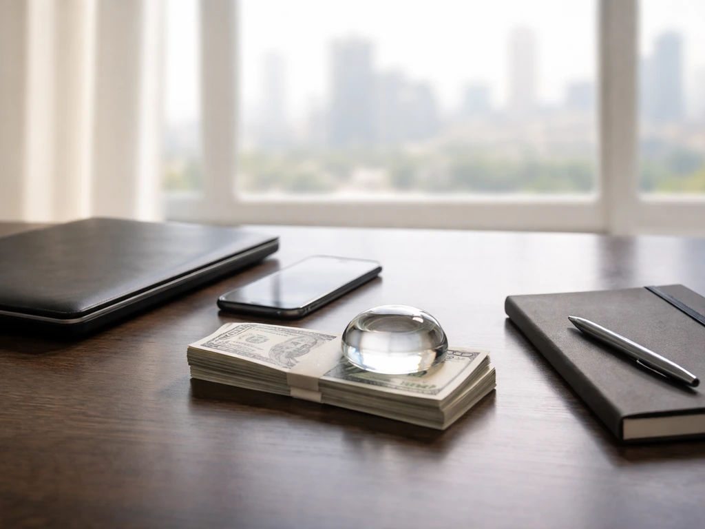 Minimal desk with money and a laptop, symbolizing a net worth range without any readable text.