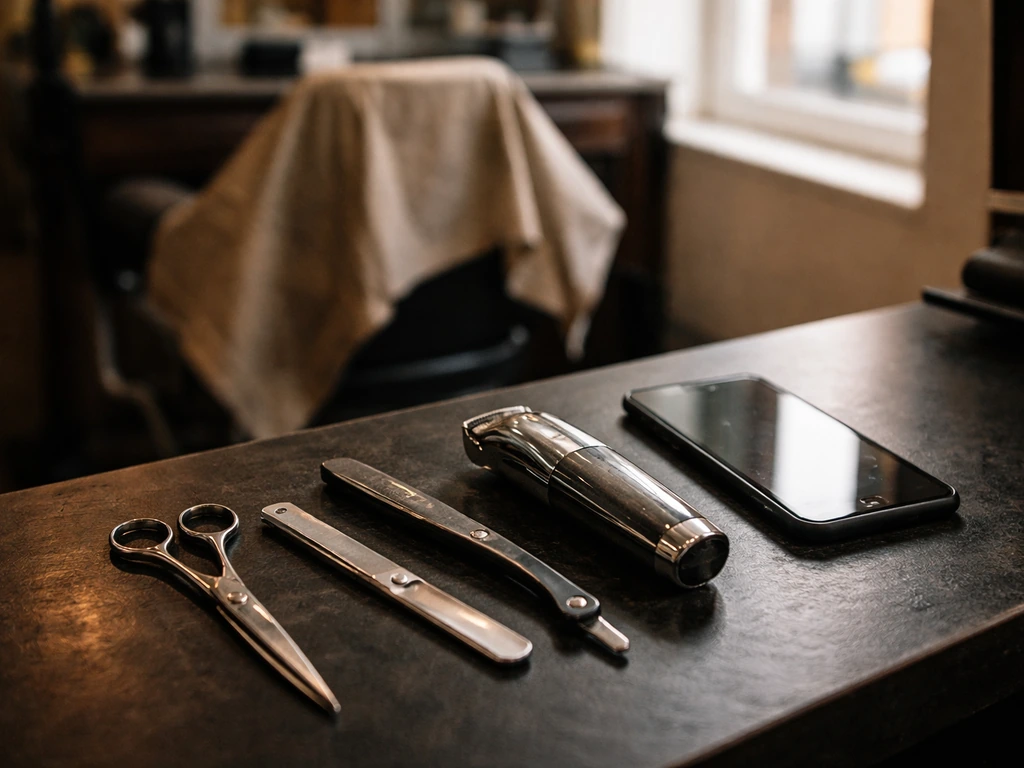 Close-up of barber tools and a smartphone on a shop counter, symbolizing a social media creator’s income