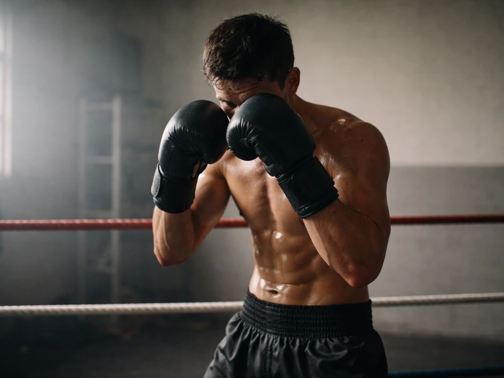 Ukrainian-style pro boxing training moment with gloves and red boxing ropes in a simple gym