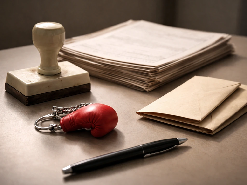 Close-up of a boxing purse ledger-style tabletop scene with money envelopes and a muted commission stamp