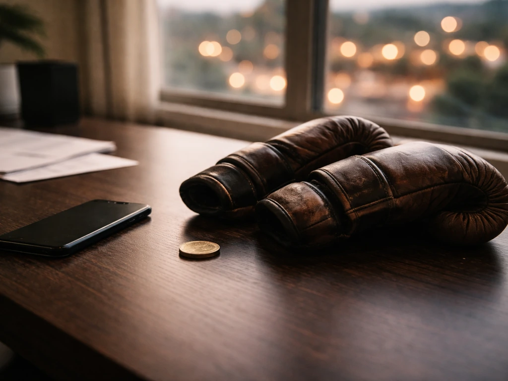 Minimal desk scene with boxing gloves and a smartphone showing money-themed bokeh, suggesting net worth analysis