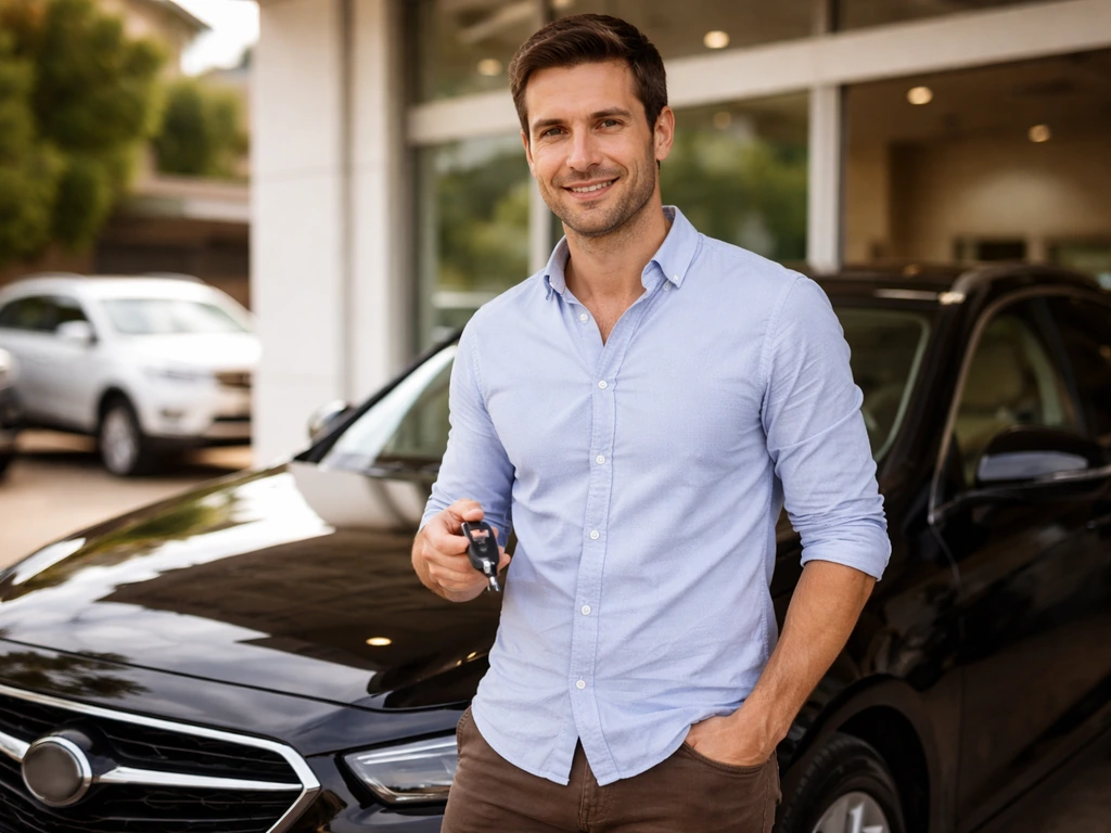 Anonymous dealer beside a showroom car in a Zimbabwe-style dealership office setting.