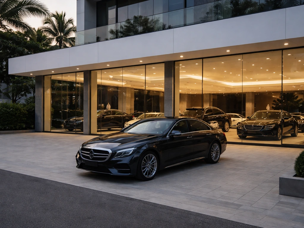 Minimal photo of a luxury car dealership storefront in Harare-style setting with a car on display