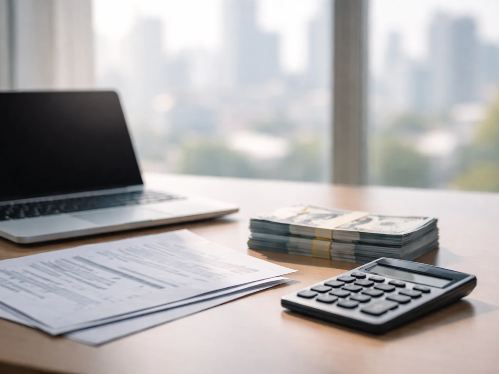 Minimal office desk with calculator, blurred peso cash, and financial papers near a blank laptop