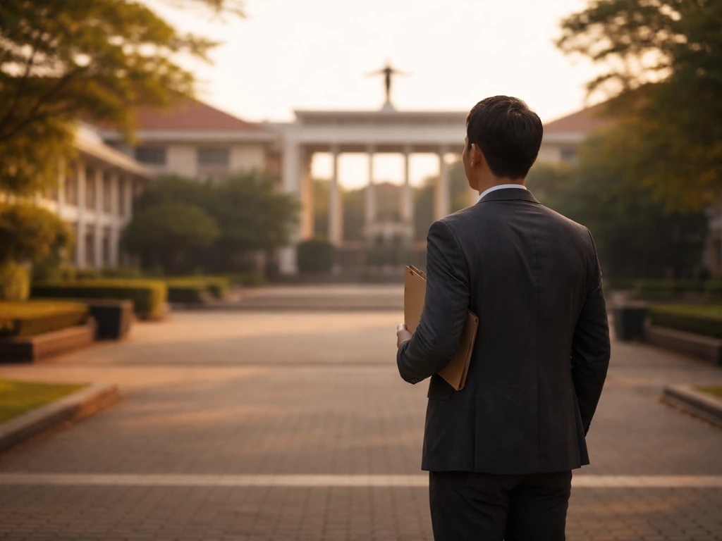 Evening view of University of the Philippines campus with an anonymous business professional holding a folder