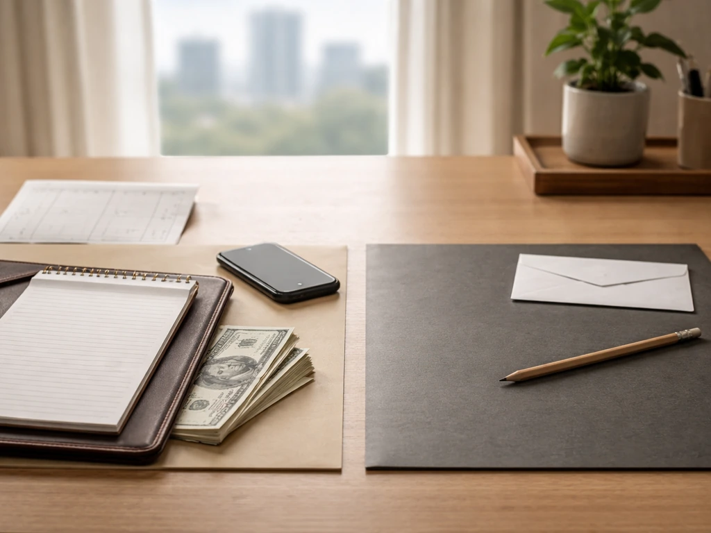 Minimal home office desk with money, blank documents, and a dark folder suggesting assets vs liabilities.