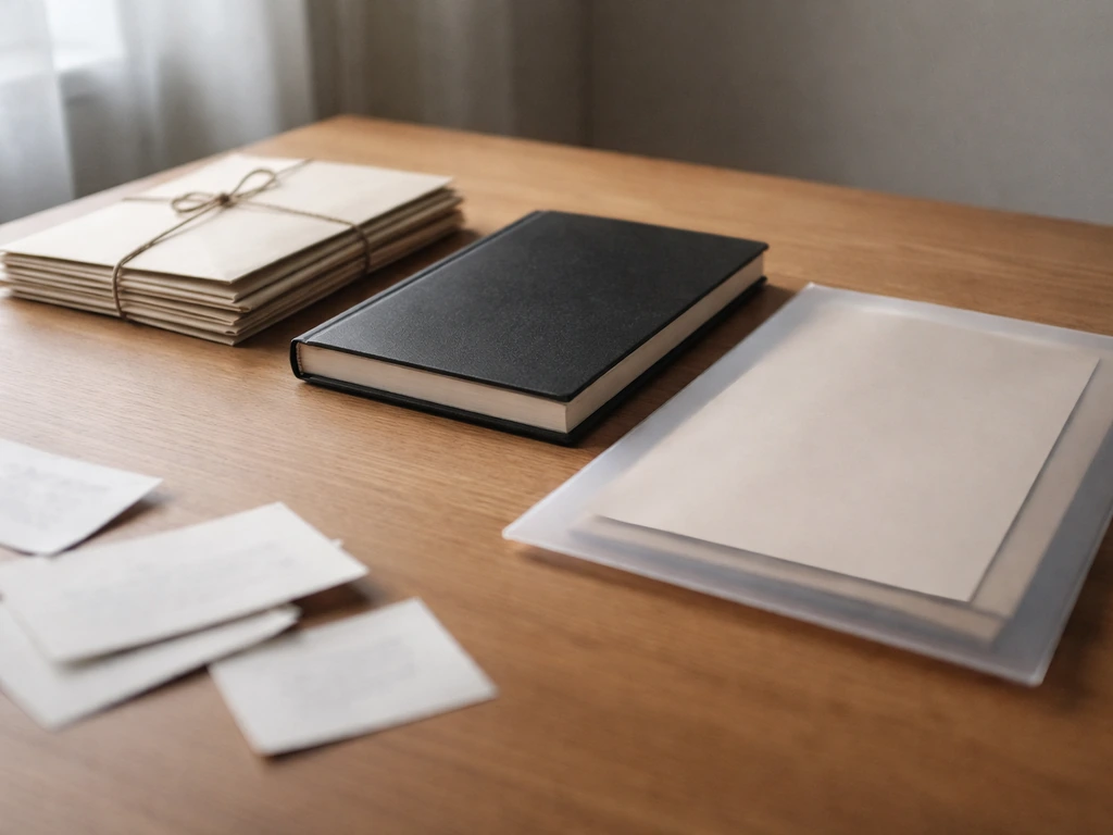 Minimal desk scene with sealed envelopes, a closed notebook, and a small privacy cover over documents.