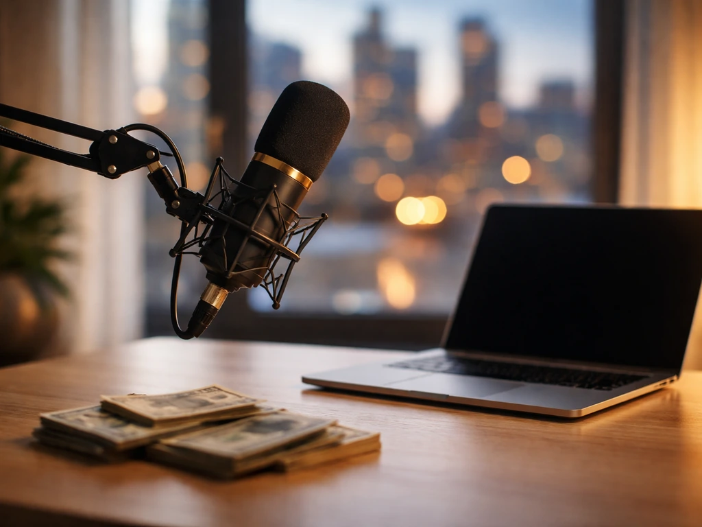 Studio desk with a microphone and blurred skyline backdrop, symbolizing media wealth and finance analysis.