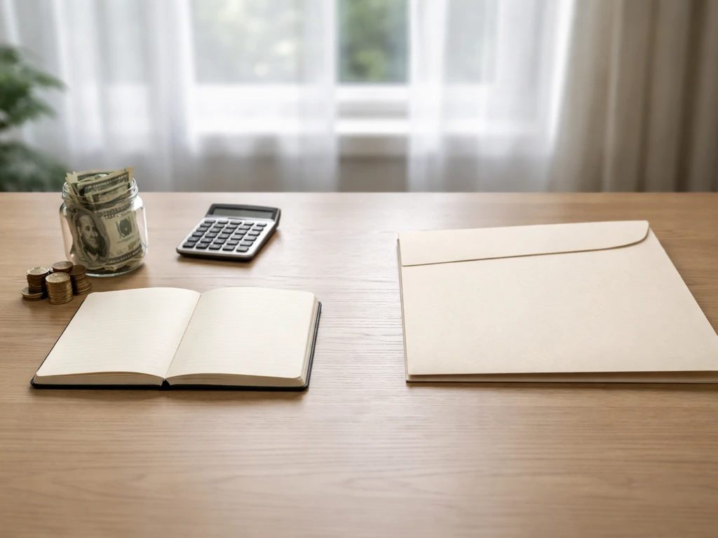 Minimal desk scene symbolizing net worth: papers, a calculator, and a small stack of coins with a closed file folder.