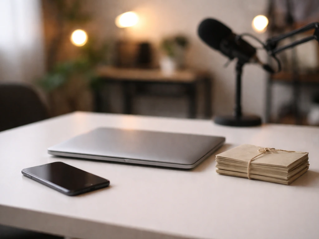 Minimal photo of a media studio desk with a smartphone and neatly stacked cash envelopes, symbolizing estimated net wort