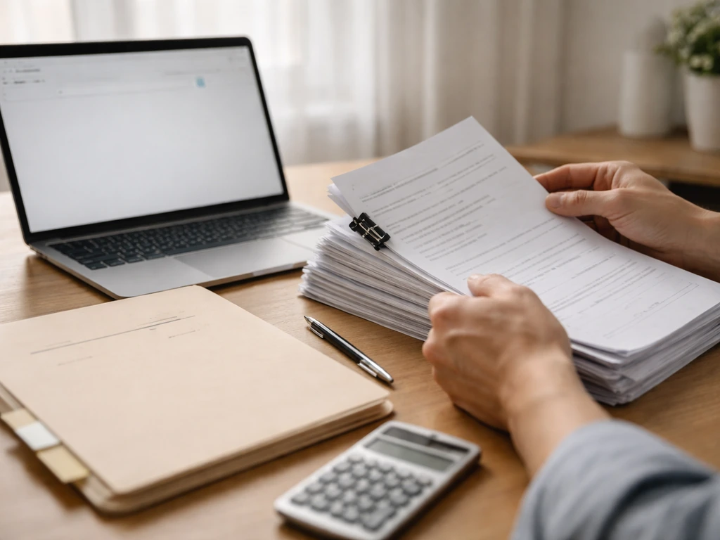 Person at a desk reviewing business records on a laptop with folders and a calculator